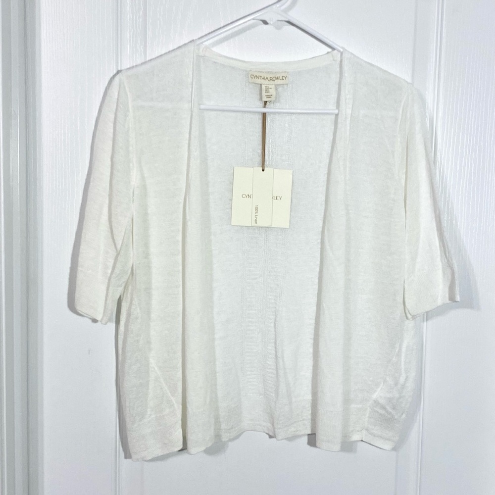 Cynthia Rowley LINEN Open Knit Back Detail Short Sleeve Cropped Cardigan Ivory L